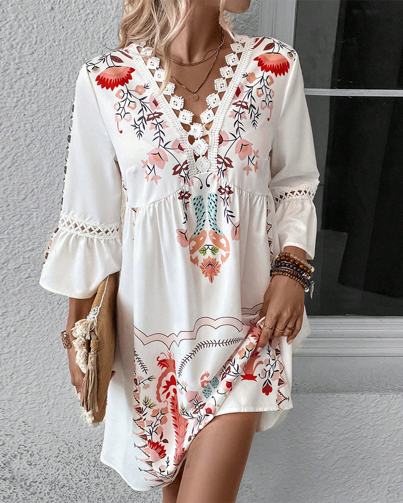 V-neck Lace Stitching Casual Versatile Printed Dress