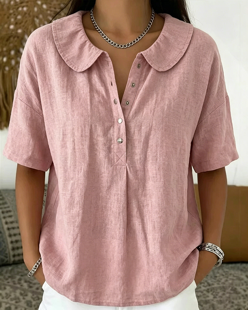 Peter Pan Collar Short-Sleeve Button-Up Blouse