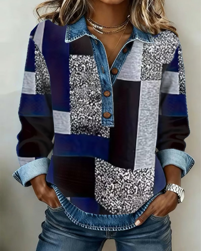 Denim Patchwork Print Casual Sweatshirt