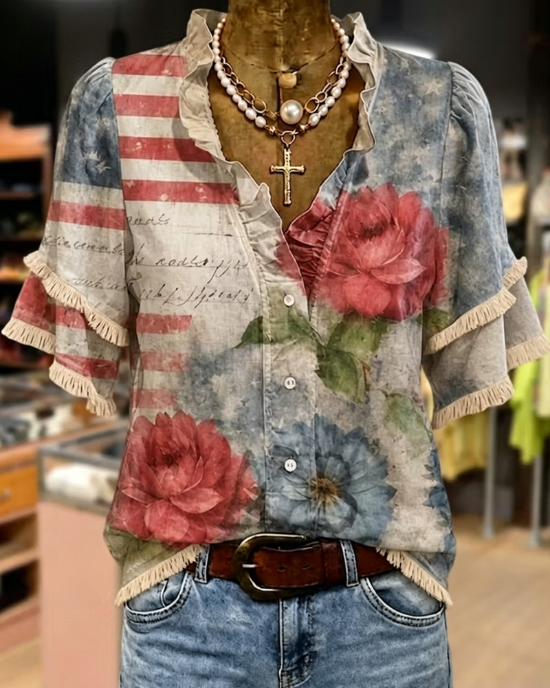Floral-Print Ruffle-Trim Blouse