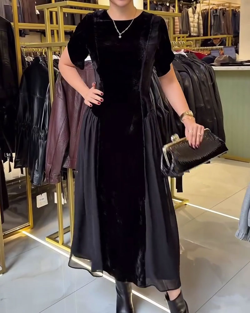 Round Neck Pleated Slim Fit Large Skirt Dress