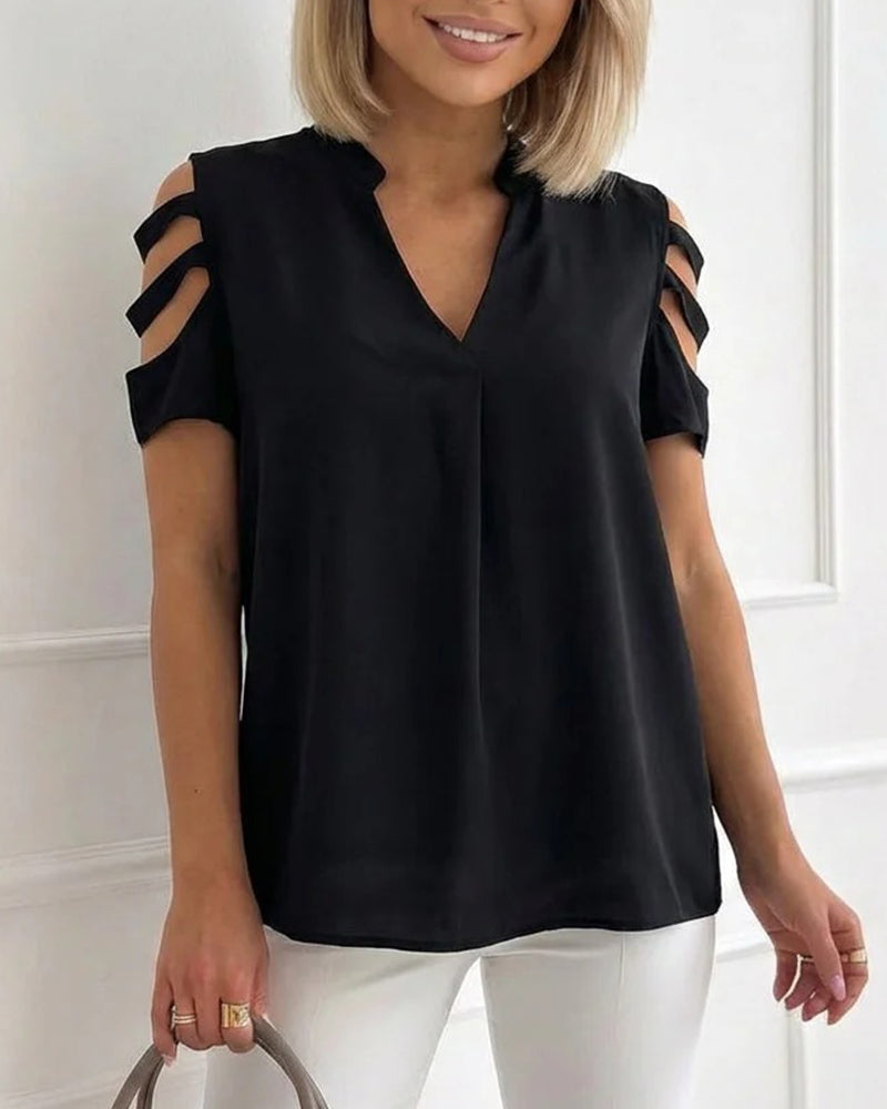 Cutout Strap V-Neck Short Sleeve Blouse