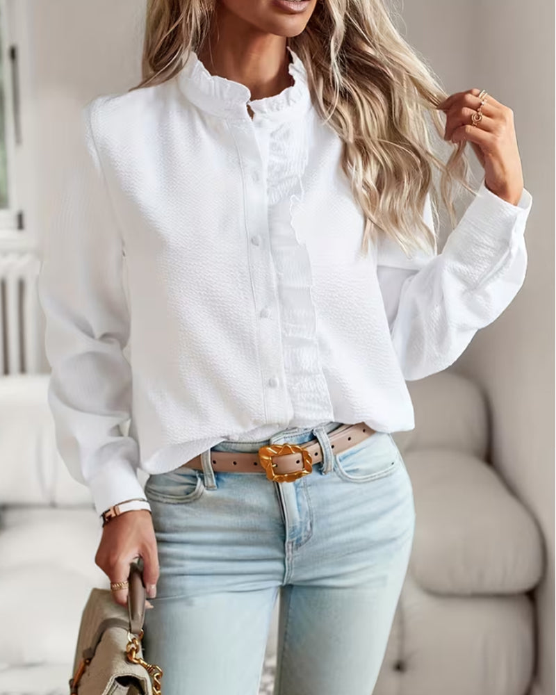 Elegant Ruffled Solid Color Stand Collar Women's Blouse