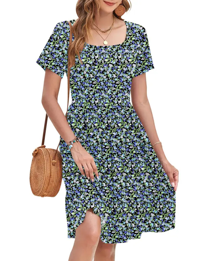 Square Neck Floral Short-Sleeve A-Line Dress