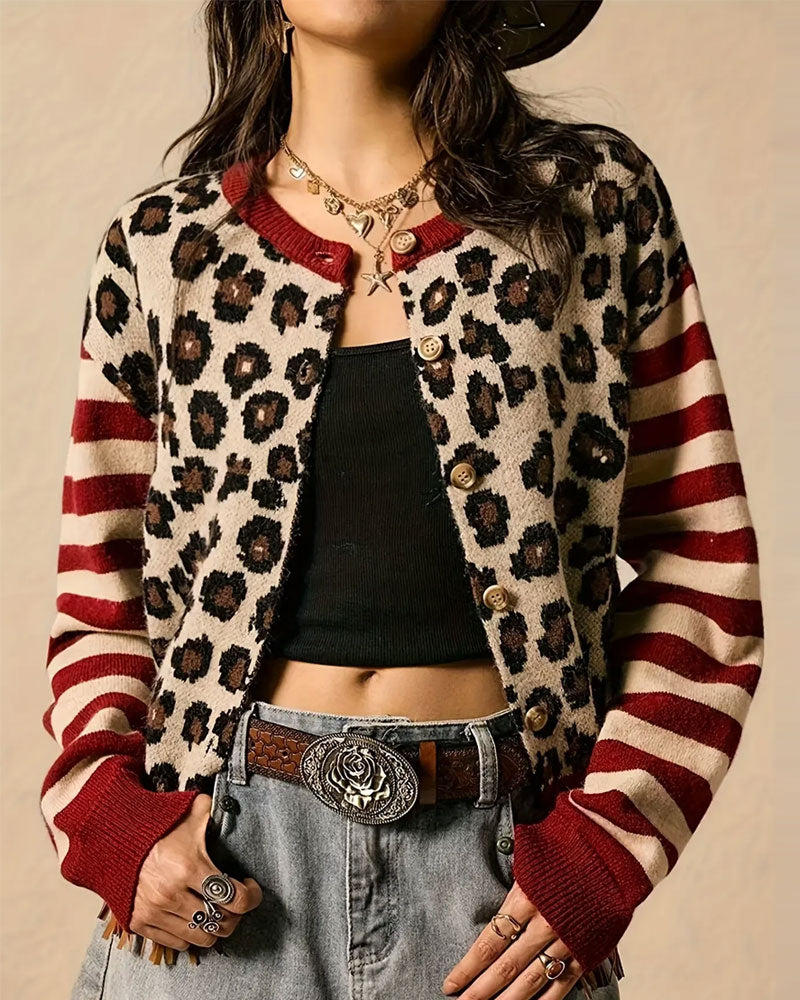Leopard Stripe Color Block Button-Down Cardigan