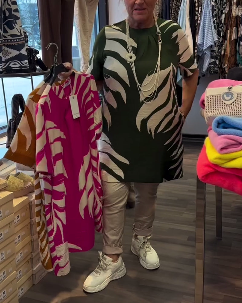 Leaf Print Short-Sleeve Dress