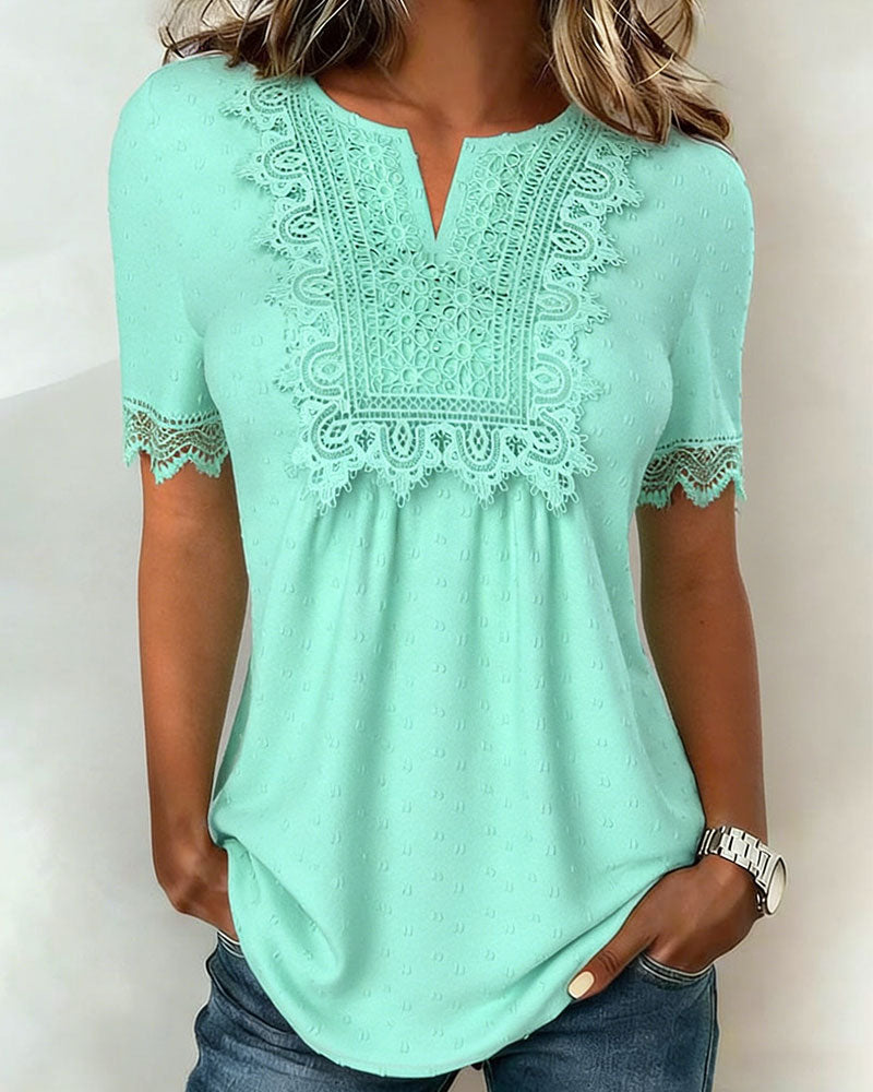 V-Neck Partial Opening Lace Patchwork T-Shirt