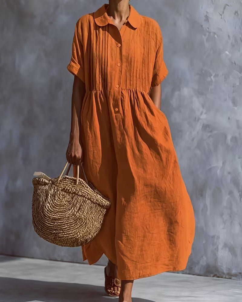 Peter Pan Collar Shirred Solid Dress