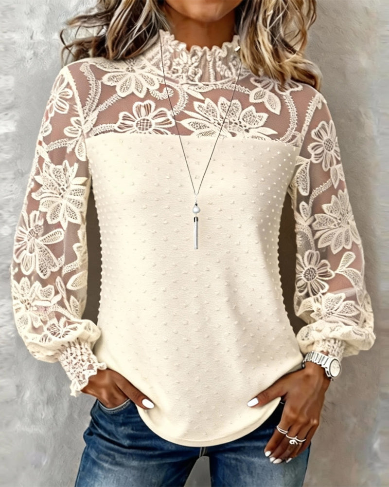 Three-Dimensional Floral Lace Long-Sleeved Top