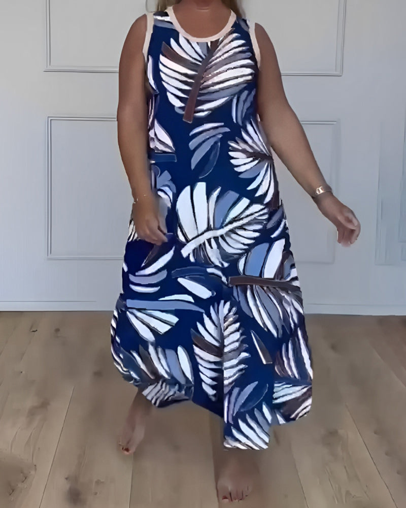 Sleeveless Leaf Print Maxi Dress