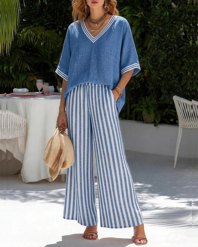 V-Neck Batwing Sleeve Stripe Wide Leg Pants Set