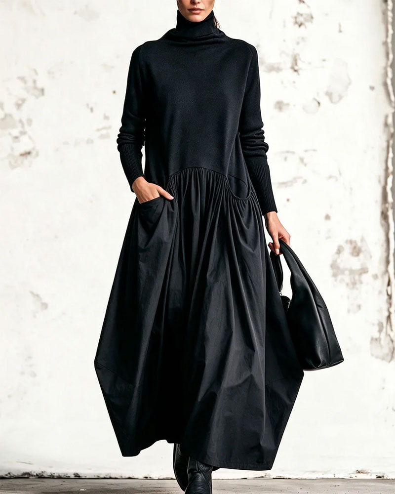 High Neck Patchwork Ruched Long Dress