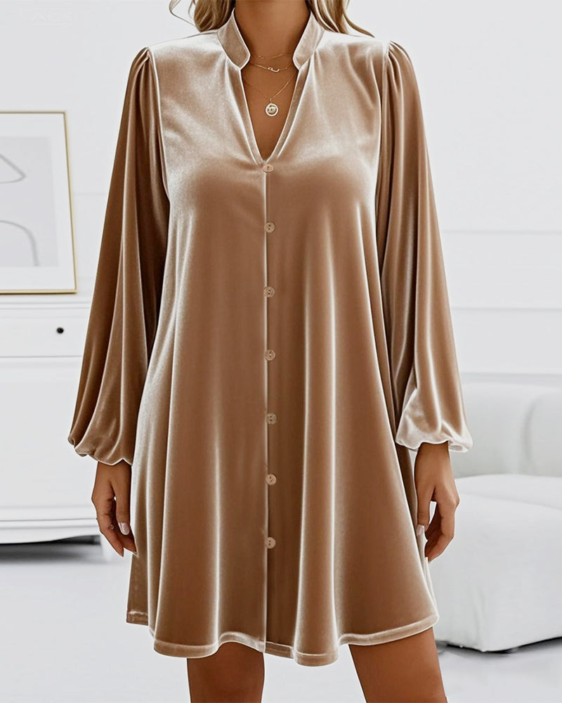 Stand-Collar Long Sleeve Velvet Dress