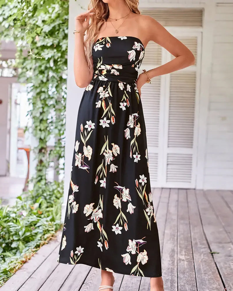 Floral Strapless Waist A-Line Dress