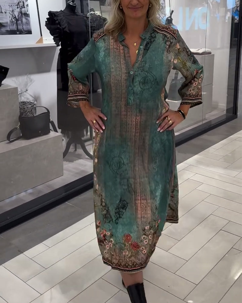 Stand Collar Long Sleeve Printed Dress