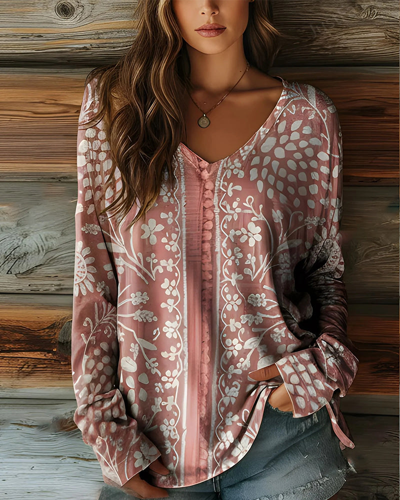 Ethnic Print V-Neck Long Sleeve Top