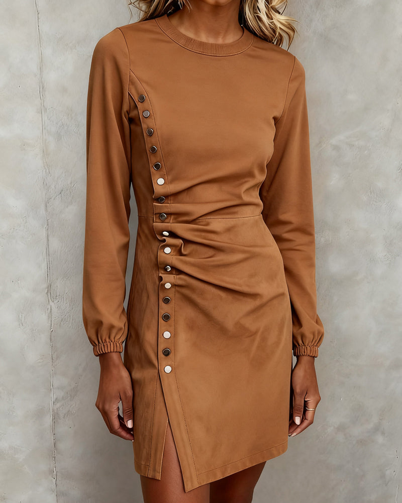 Metal Buckle Round Neck Dress