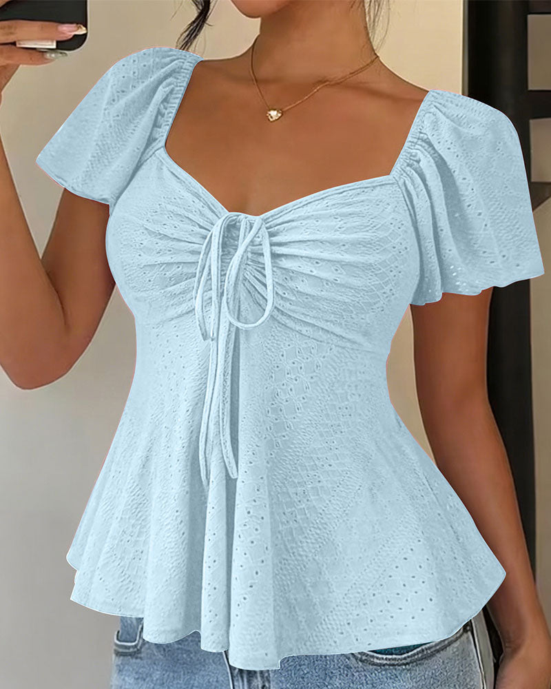 Hollow-Out Drawstring Short Sleeve Solid Color Blouse
