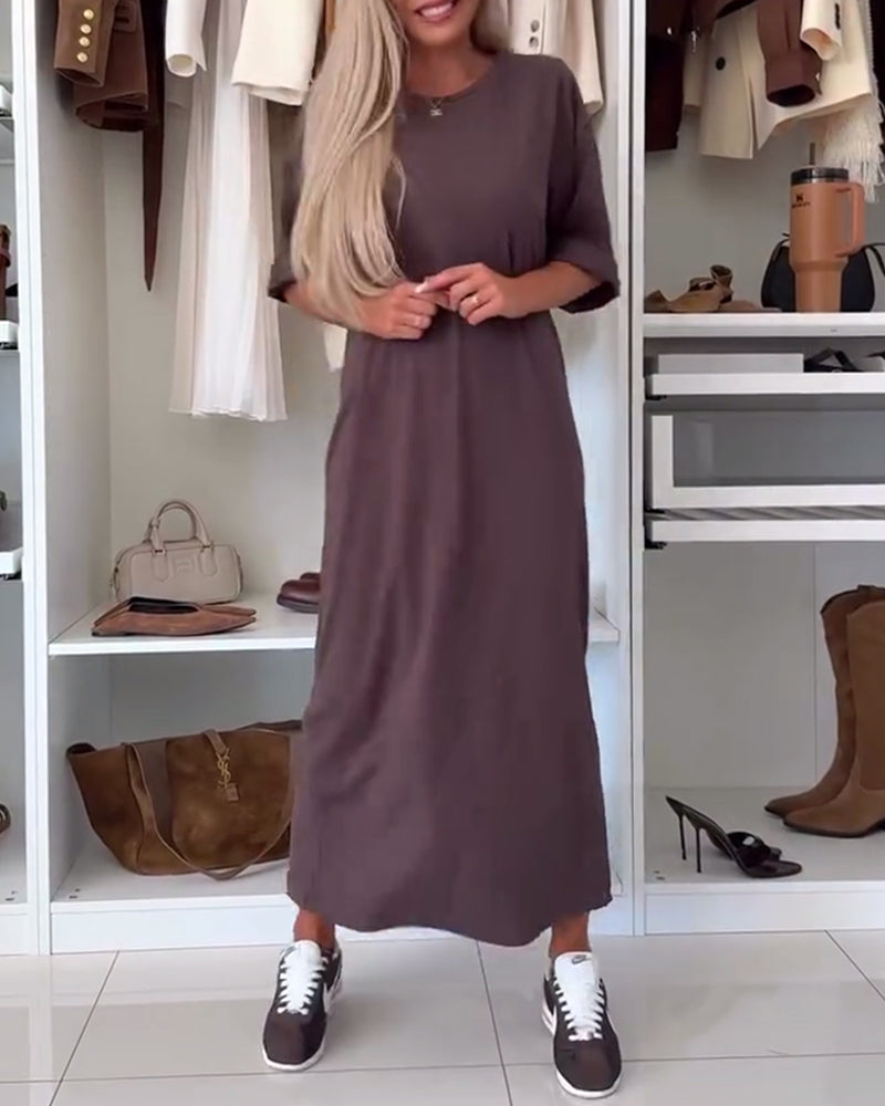 Solid Round Neck Slit Tunic Dress