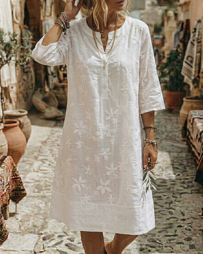 Crewneck Button Embroidery Loose Dresses