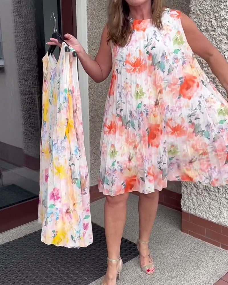 Sleeveless Pleated Floral Dress