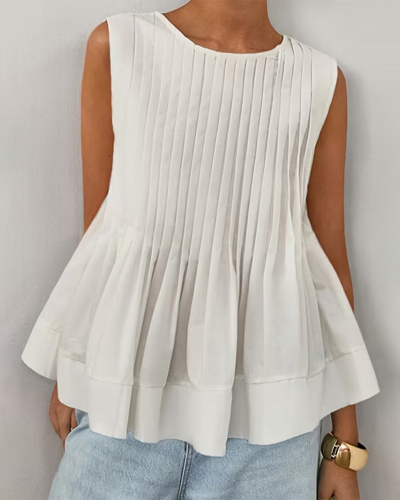 Round Neck Solid Color Sleeveless Blouse