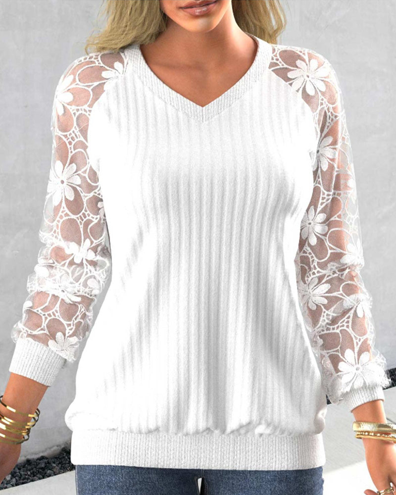 Lace V neck Long Sleeve solid color Sweatshirt