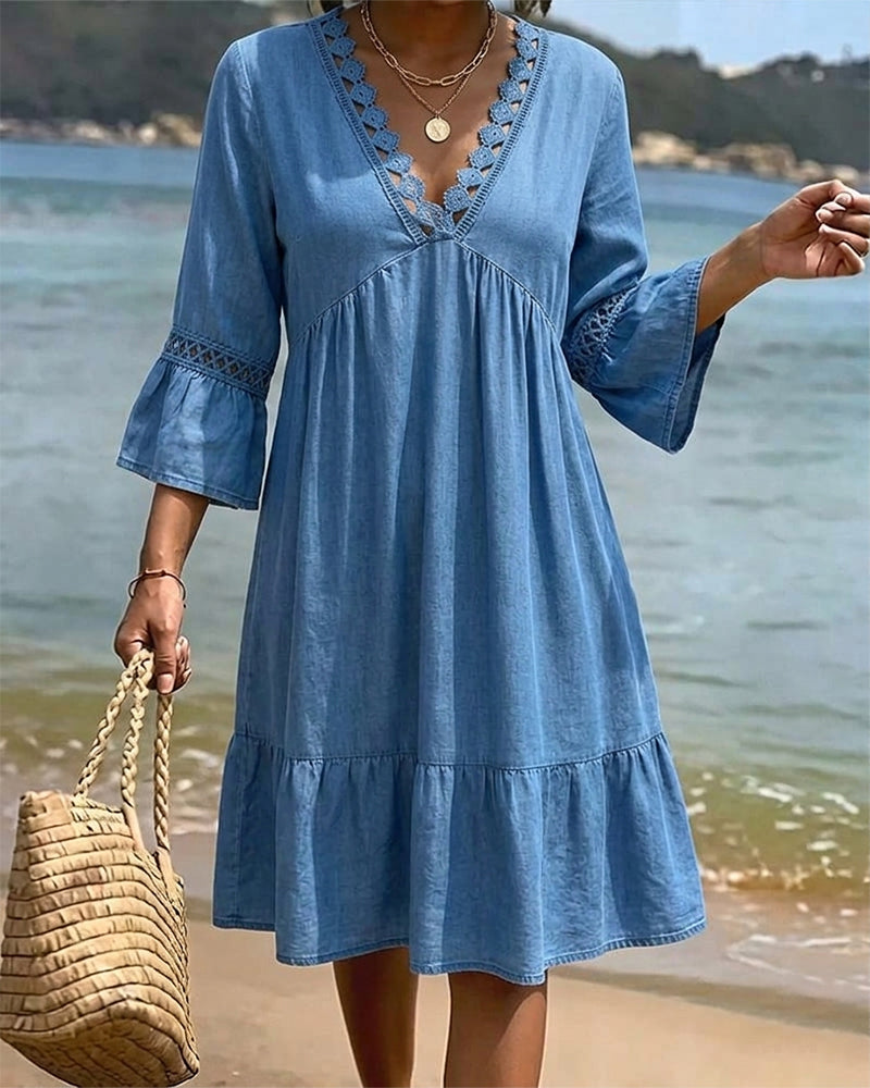 V-Neck Flared Sleeve Shirred Dress