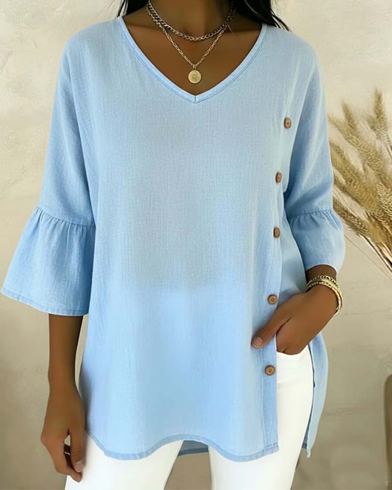 Side-Button Flared Sleeve Linen Blouse