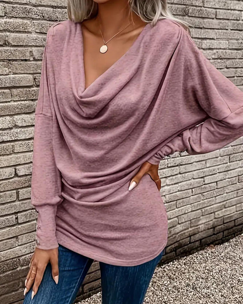 Mock Neck Solid Button Long Sleeve T-Shirt