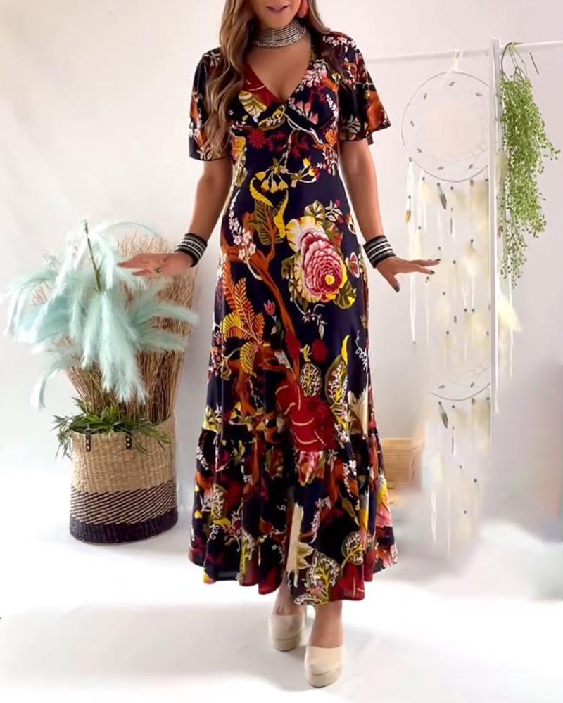 Elegant printed v-neck short sleeve dress