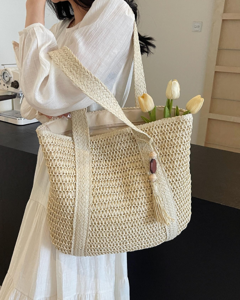 Large Capacity Solid Color Straw Beach Bag