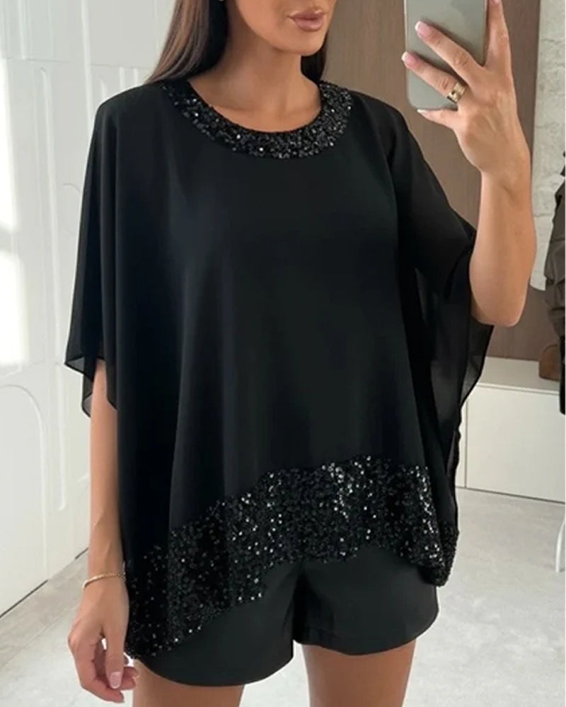 Stylish Batwing Sleeve Shimmering Blouse