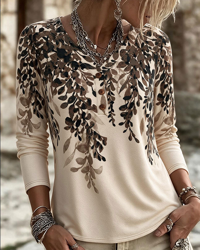 V-Neck Leaf Print Casual Long Sleeve Top