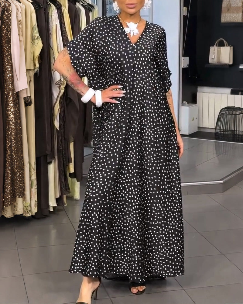 V-Neck Polka Dot Loose Flared Dress