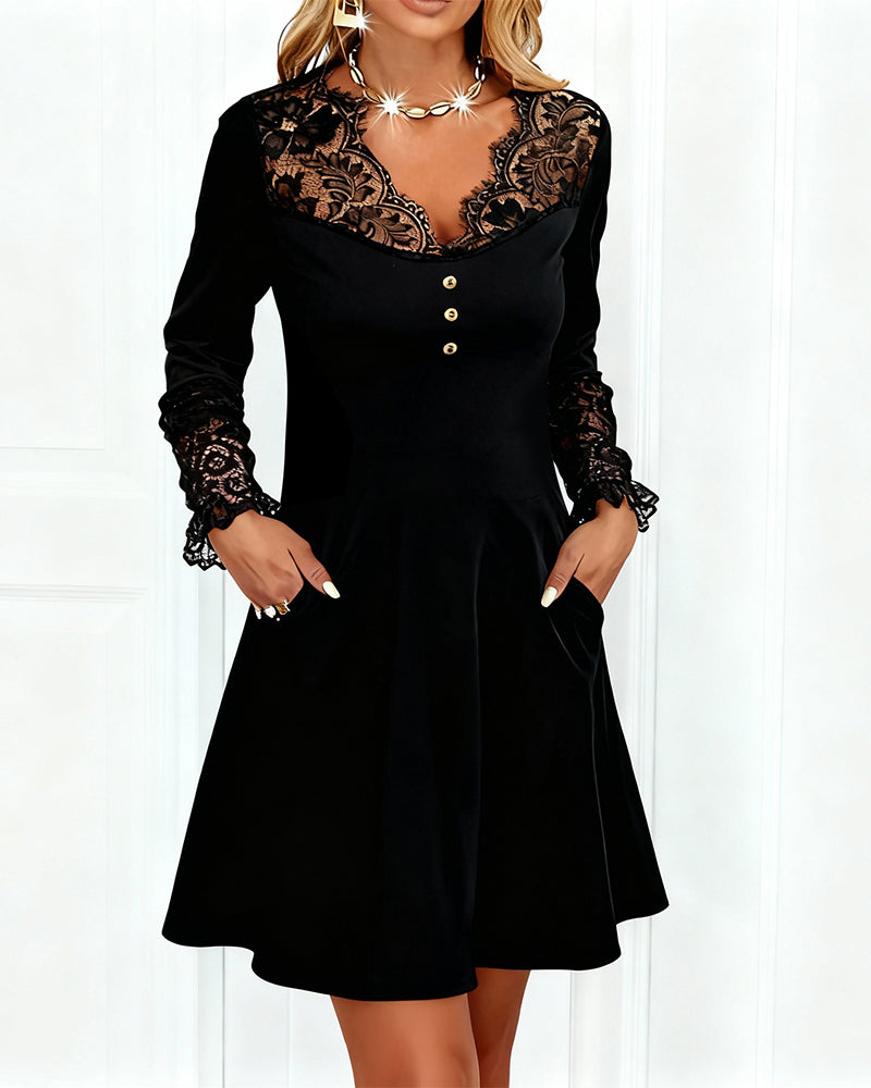 Elegant Solid Color Patchwork V-Neck Dress