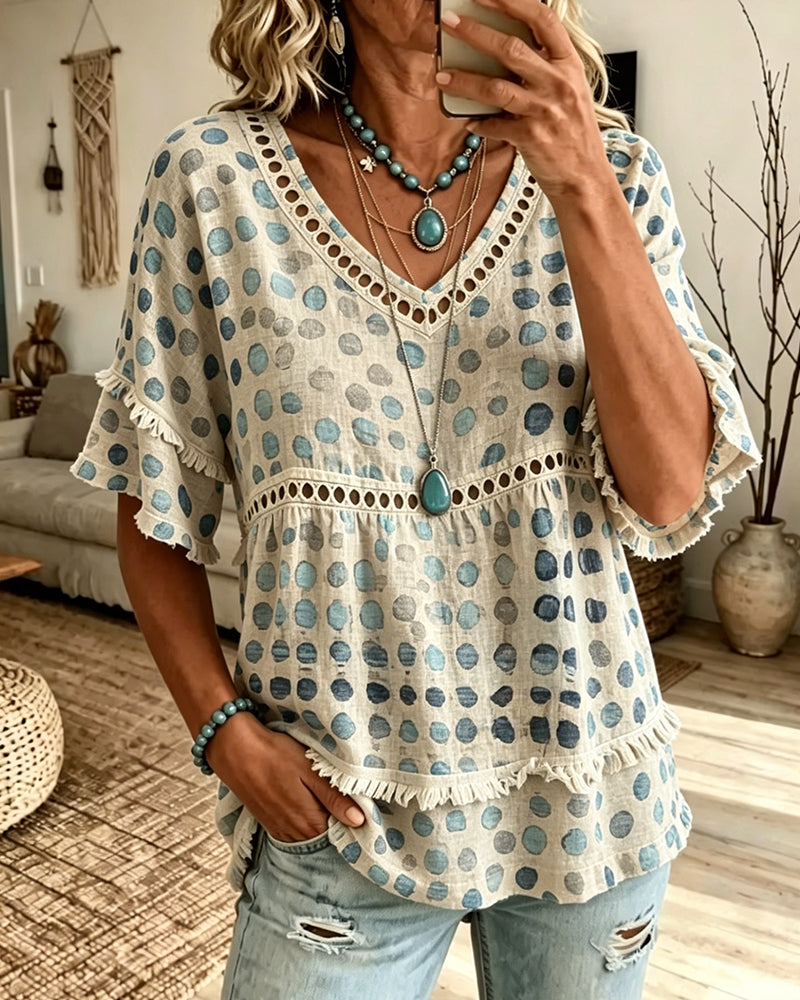Fringe V-Neck Polka Dot Babydoll Blouse