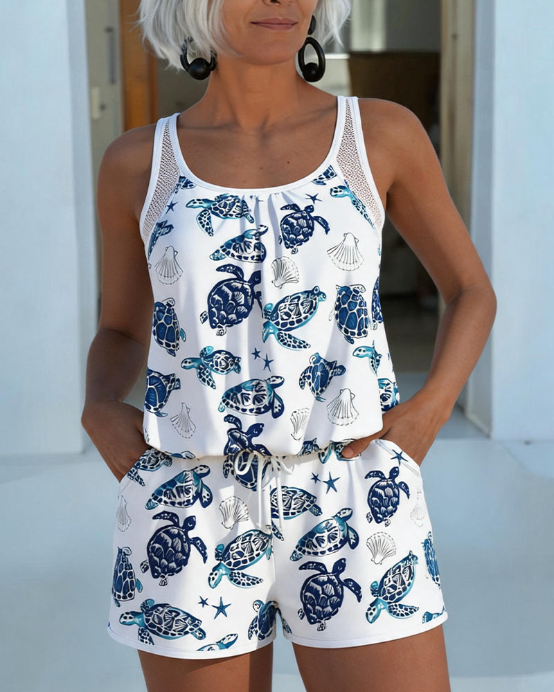Vacation Print Drawstring Tankini