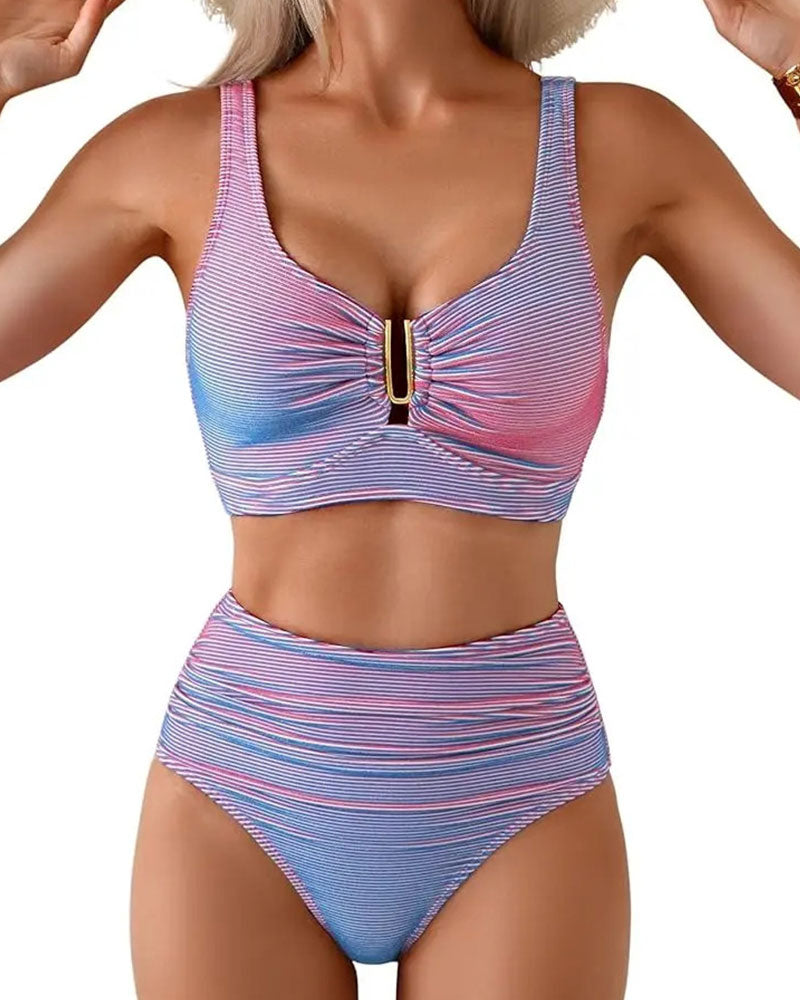 High-Waisted Striped Button Bikini