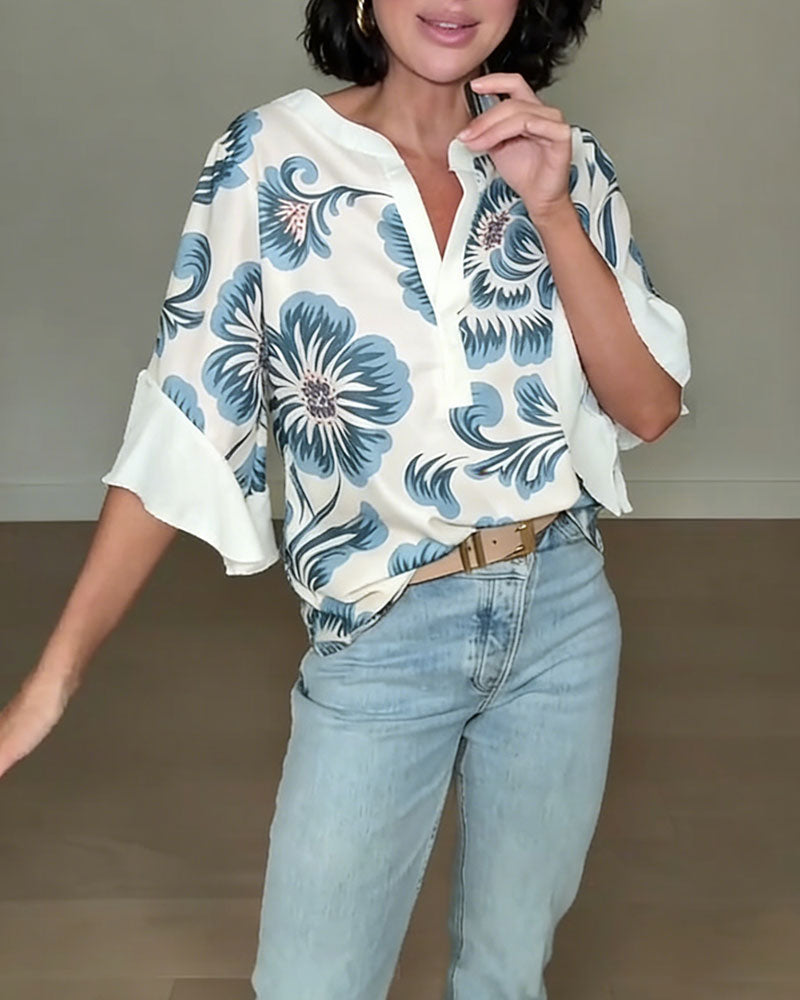 Floral Ruffle-Sleeve Blouse