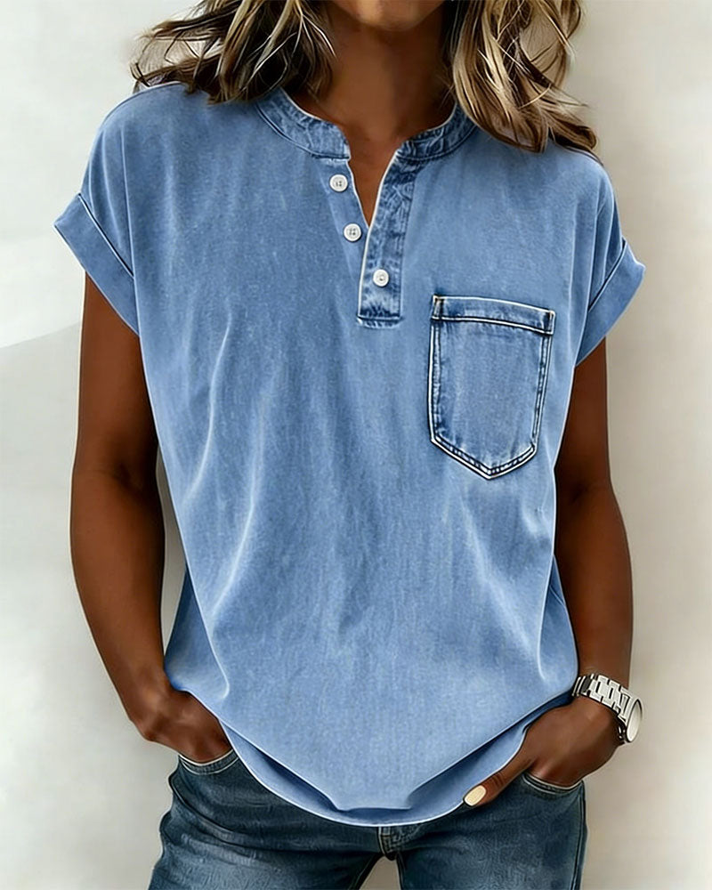 Washed Denim Henley Short Sleeve Top