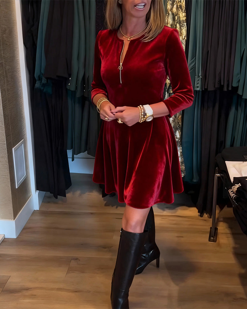Half-Zip Velvet A-Line Dress