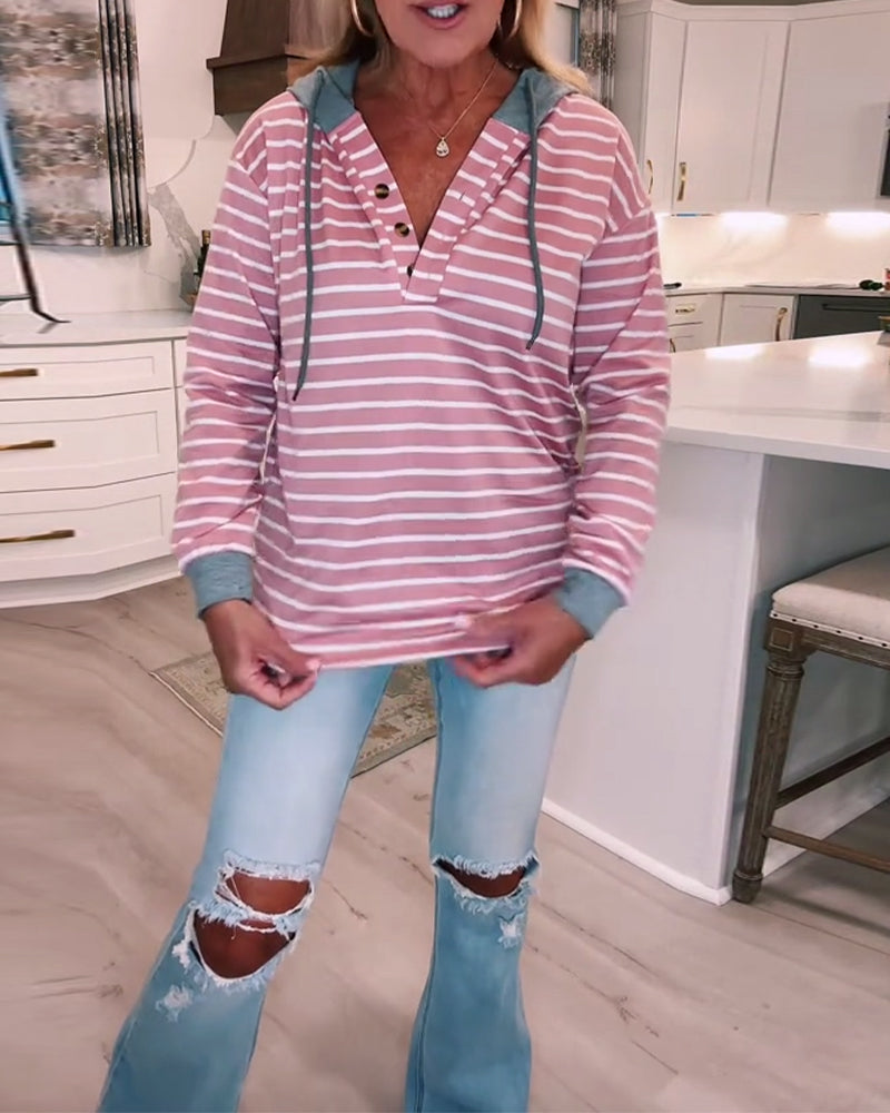 Casual Striped Hooded Long-Sleeved T-Shirt