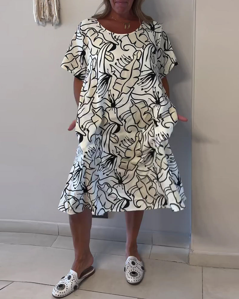 Abstract Print Crew Neck Short-Sleeved Dress
