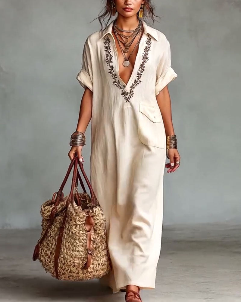 Deep V-Neck Embroidered Casual Long Dress