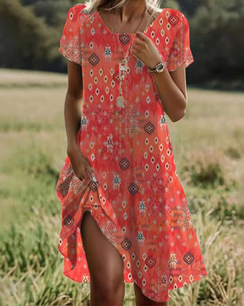Printed crew neck short sleeve dress