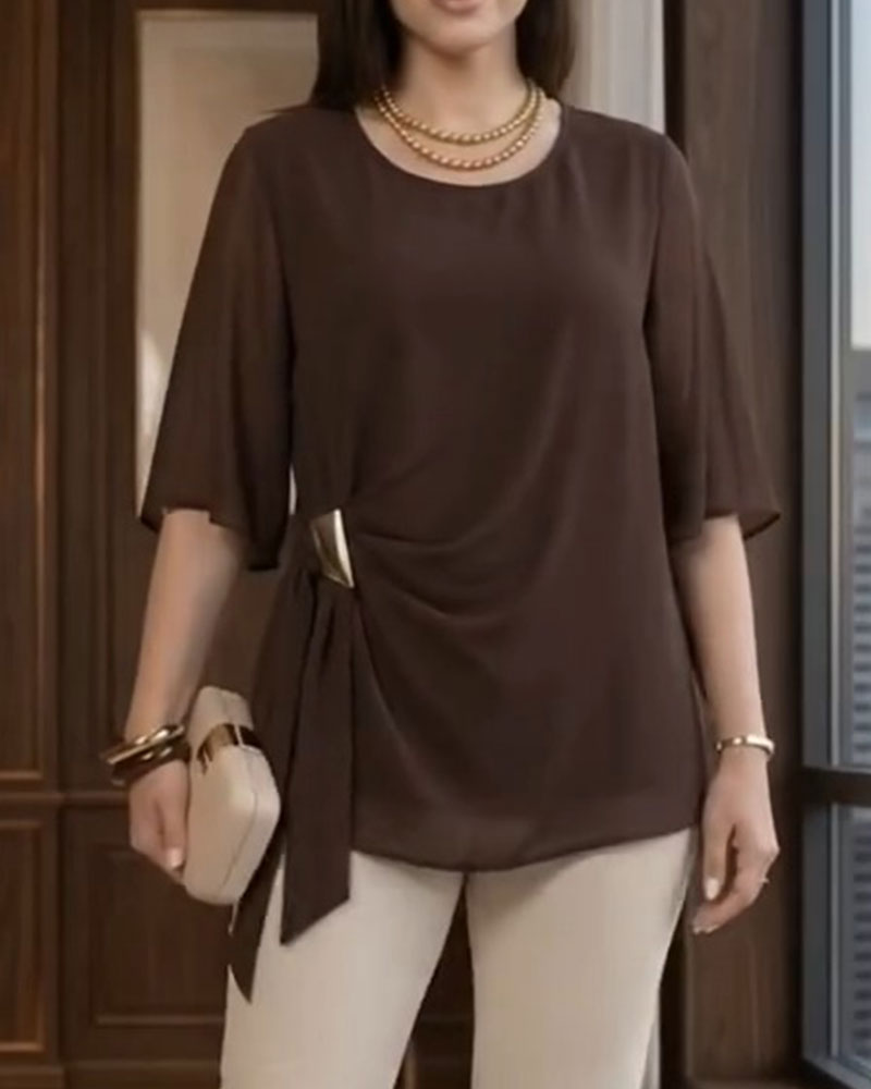 Crew Neck Shirred Casual Blouse
