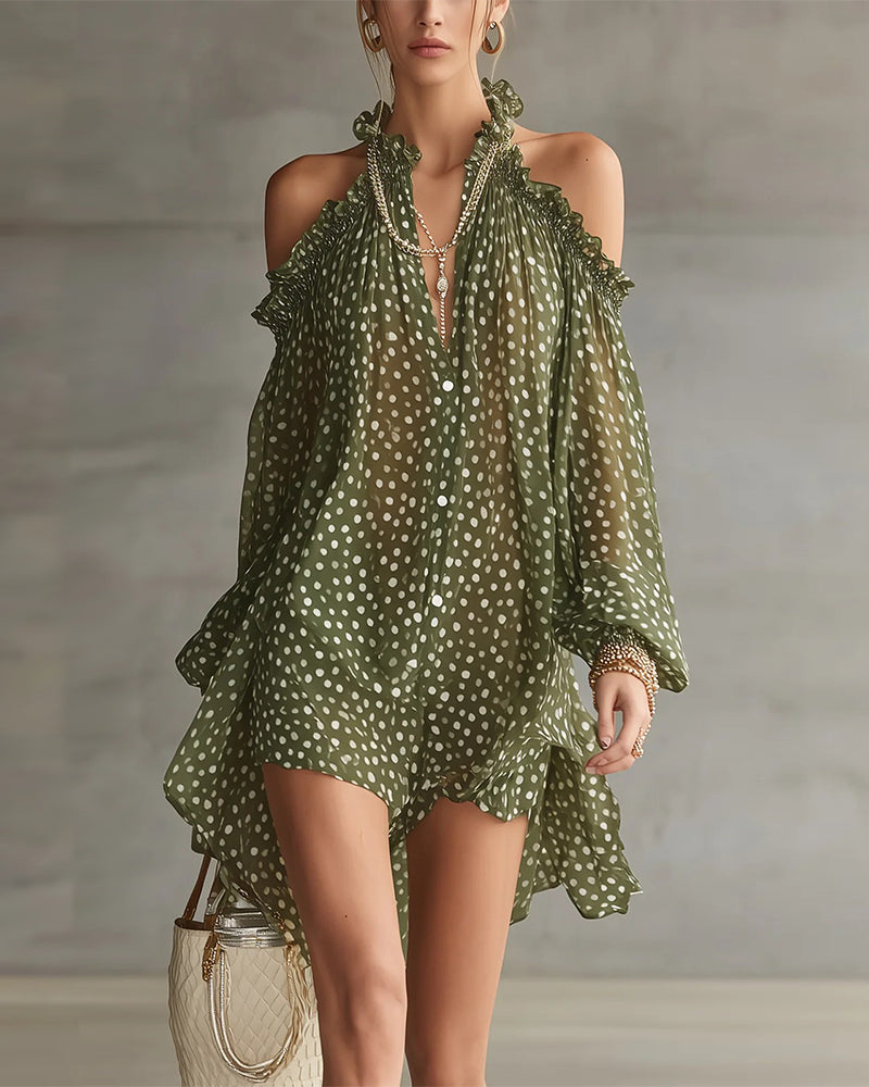 Polka Dot Halter Off-Shoulder Dress