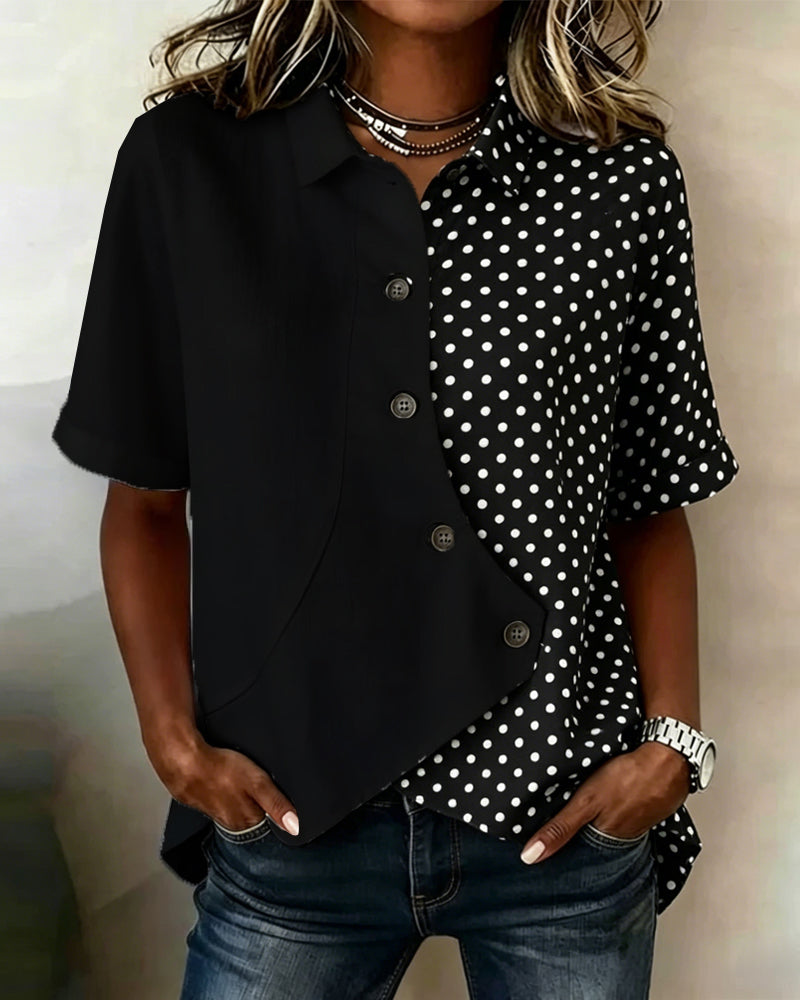 Color-Blocked Polka Dot Diagonal Button Shirt