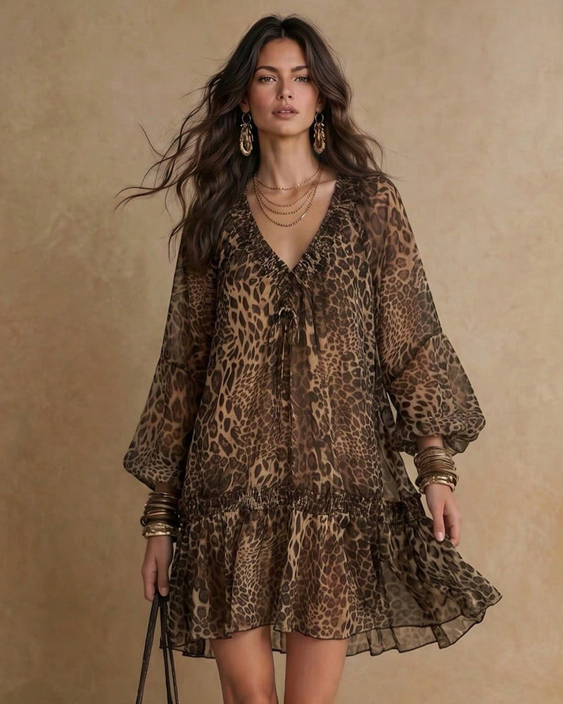 V-Neck Leopard Print Puff-Sleeve Ruffle Dress